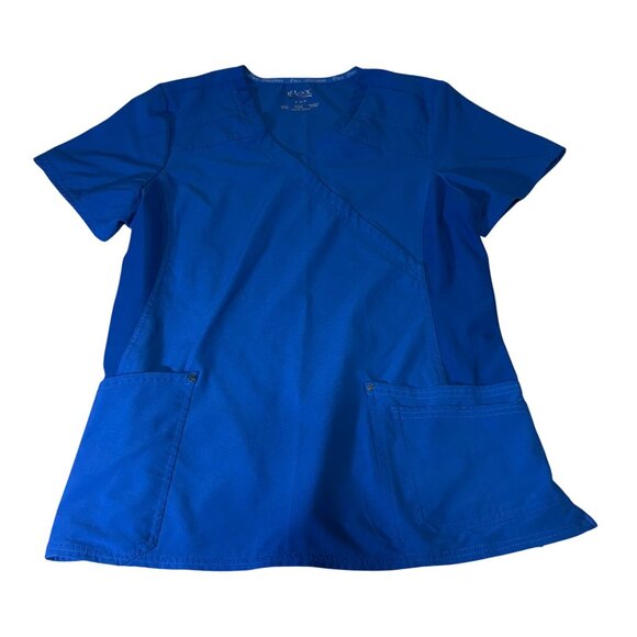 Cherokee Iflex Womens Mock Wrap Scrub Top Medium Royal Blue CK680 Stretch Fabric - Picture 1 of 7